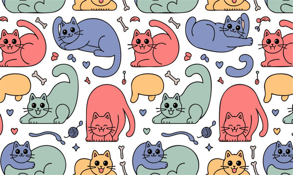 Cute cat and paw seamless vector pattern background.