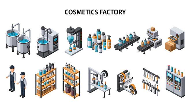 Set of isometric illustrations depicting a cosmetics factory, showcasing machinery, production lines, and personnel involved in manufacturing beauty products