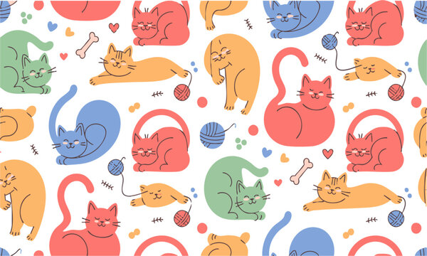 Cute colorful cat repeat pattern vector illustration.