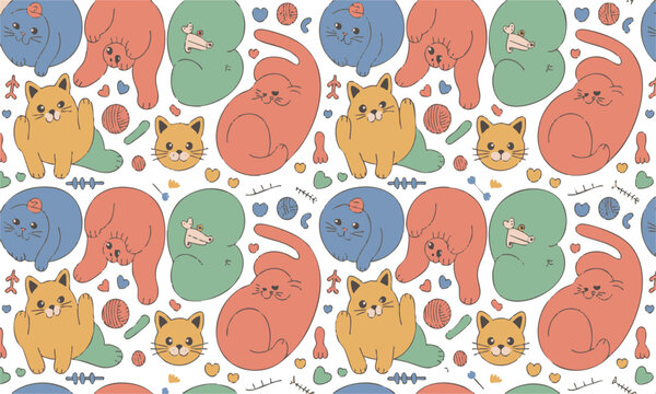 Pastel feline seamless vector surface pattern artwork.