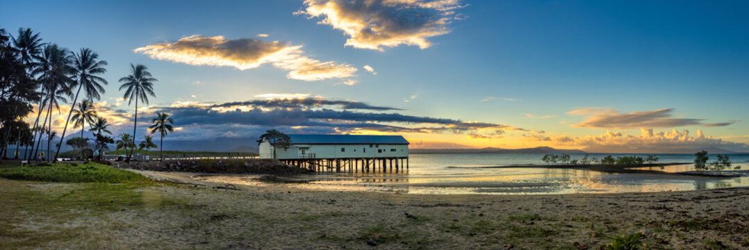 Panoramic view of Port Douglas Wharf (Sugar wharf) right after sunset, Port Douglas, Queensland, Australia