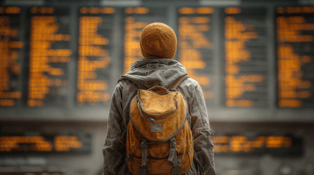 Traveler with backpack checks departure board at airport or train station