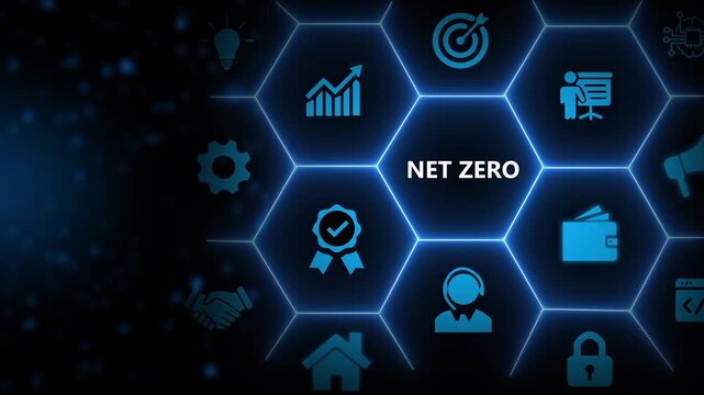 Net zero and carbon neutral concept. Net zero greenhouse gas emissions target. Climate neutral long term strategy. Businessman touching on net zero icon with decarbonization icon on smart background.