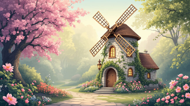 Spring windmill cottage under pink cherry blossoms. Blossom garden mill scene for seasonal greeting card. Soft floral tower house with romantic spring atmosphere