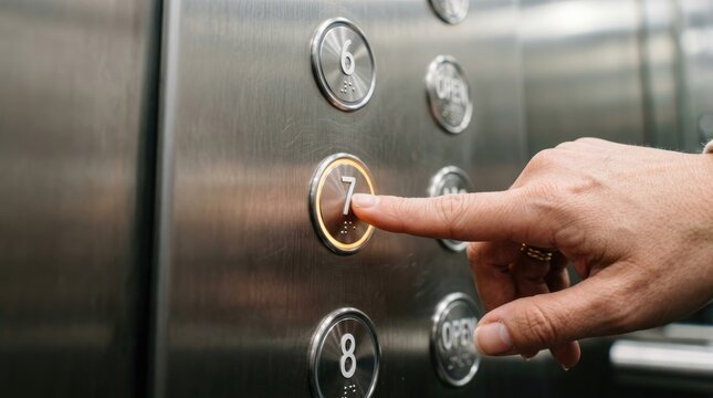 A person&rsquo;s hand presses the number 7 button on a stainless steel elevator control panel. The button has a braille symbol alongside the number.