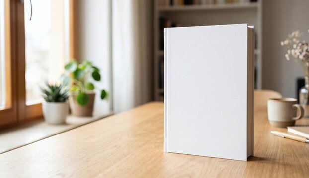 Blank white hardcover book mockup standing on a wooden desk