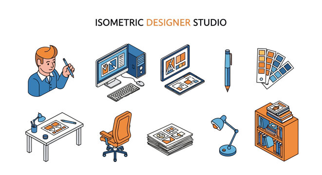 Collection of isometric design studio elements featuring a graphic designer at work, computer setup, office furniture, and color swatches for creative projects