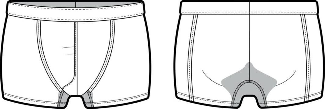 Technical flat sketch of men's boxer briefs underwear with elastic waistband and contoured pouch front and back view vector apparel design template