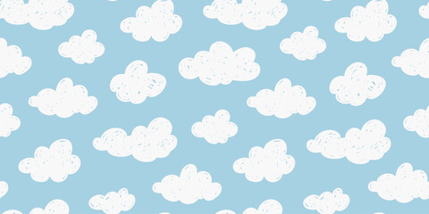 Seamless horizontal summer abstract sweet light pattern of white clouds on blue background, sky  sketch, simple childish doodle illustration, hand drawn with a brush in a flat style with pastel colors © Мария Кривецкая