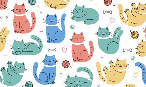 Soft pastel cat doodle repeat pattern vector design.