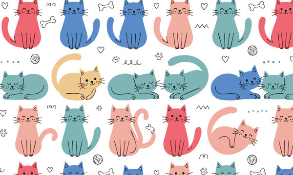 Playful pastel kitten seamless textile pattern vector.