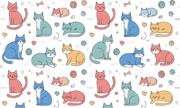 Pastel kawaii cats seamless pattern vector background.