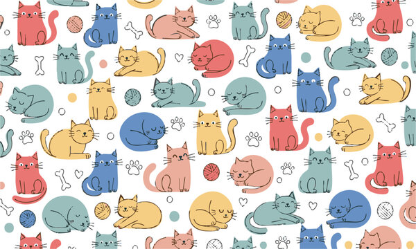 Cute sleeping cats seamless pattern vector illustration.