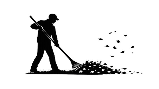 Man raking leaves silhouette gardening tool