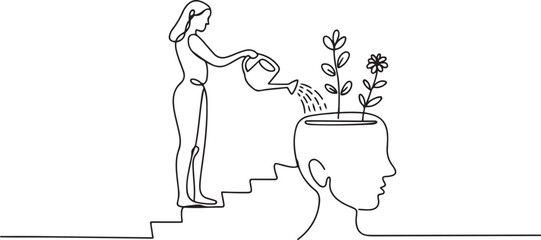 Continuous one line drawing a woman stands on the stairs and waters the head that grows 3 plants. Watering to awaken.one line Art icon drawing vector © MstMoushumi