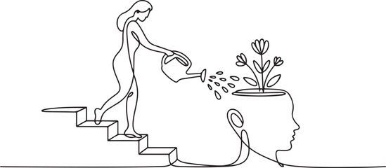 Continuous one line drawing a woman stands on the stairs and waters the head that grows 3 plants. Watering to awaken.one line Art icon drawing vector © MstMoushumi
