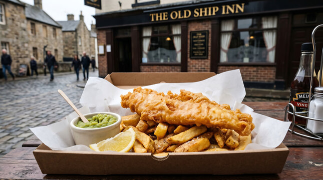 Classic British Beer-Battered Fish and Chips with Mushy Peas
