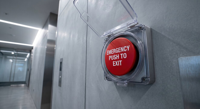 Emergency exit button with protective cover on a modern concrete wall