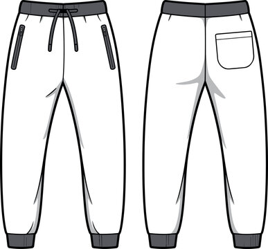 Technical flat sketch of men's jogger sweatpants featuring elastic drawstring waistband, zipper side pockets, ribbed cuffs, and back patch pocket for fashion tech pack.