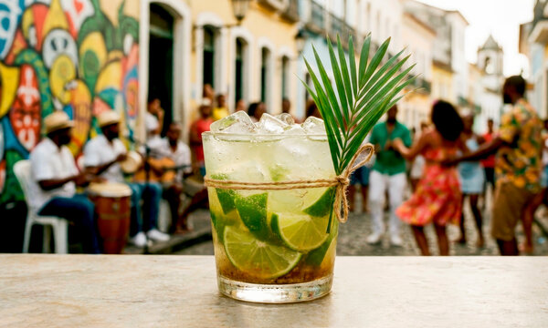 Traditional refreshing Brazilian drink caipirinha with lime slices and ice cubes against the backdrop of a busy Brazilian street