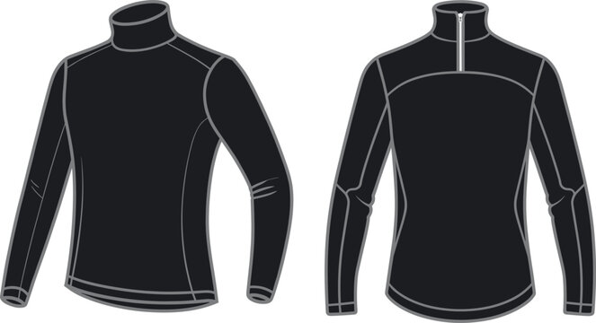 Technical flat sketch of men's compression long sleeve base layer featuring a stand collar, front quarter zipper, raglan sleeves, and ergonomic side paneling.