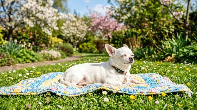 A small, white chihuahua dog relaxes on a floral quilt in a lush green garden. The dog is lying down, eyes closed, and appears peaceful.