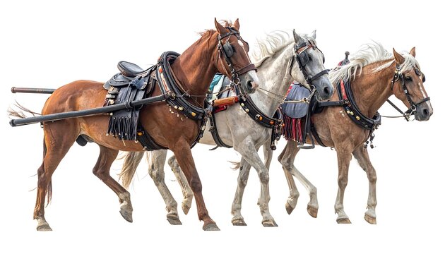 Three draft horses, chestnut, white, and palomino, trotting in harness. Isolated on white background