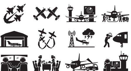 Set of 12 clean aircraft and airport facility pictogram icons, simplified aviation technology icons vector logo design © Aquariant