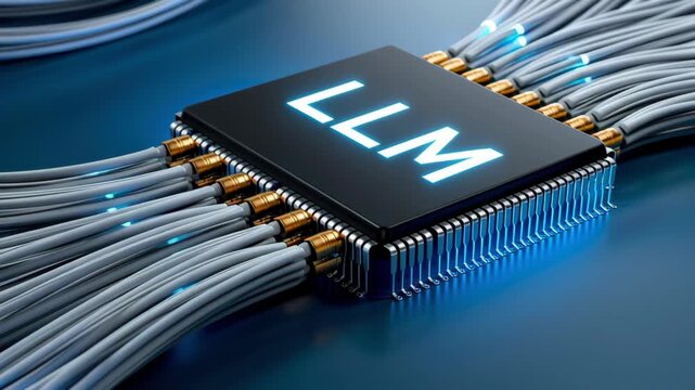 Microchip cable data network fiber connection digital integrated circuit chip with glowing connections technology concept blue