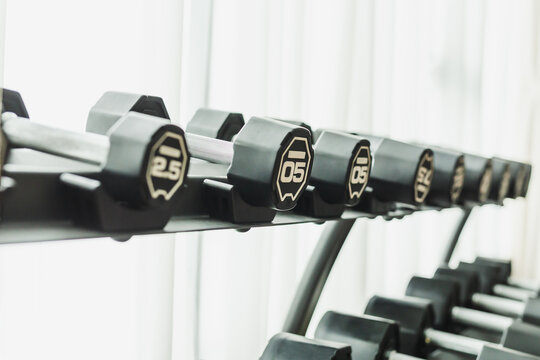 A row of black dumbbells on a storage rack in a fitness center.