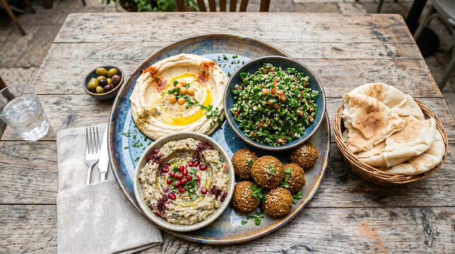 Fresh and Colorful Middle Eastern Mezze Platter with Hummus and Falafel