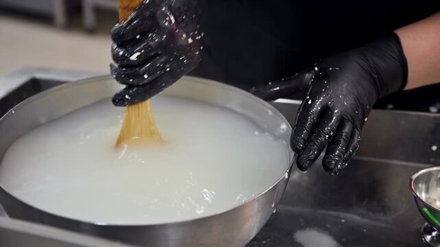 Making stracciatella cheese by stirring curds in a stainless steel bowl