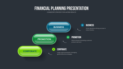 Obraz premium Consulting Portfolio Three Element Diagram Slide Design. Sales Launch Presentation Layout Vector Illustration. Enterprise Plan 3 Option Infographic Frame Template.