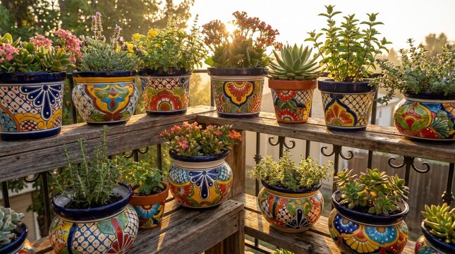 Vibrant colorful painted ceramic pots with succulents and flowers on wooden deck railing outdoor decor, rustic garden table setting with multiple plants in sunny warm light