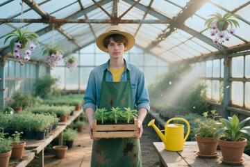 Obraz premium Portrait of Caucasian young adult man holding seedling crate in greenhouse, working in horticulture and plant cultivation. Supporting gardening business, nursery marketing, sustainability campaigns