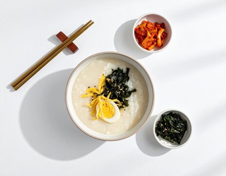 Korean rice porridge bowl with egg, seaweed and kimchi side dishes on white background.