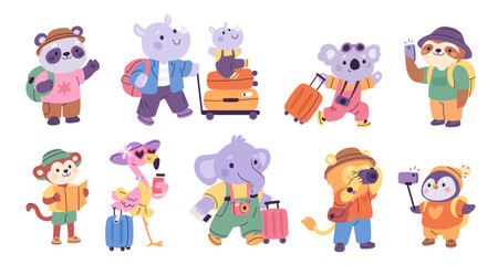 Naklejka na ściany i meble Animals tourists. Cute fauna characters, cartoon travellers with luggage, funny panda, rhino and monkey, flamingo, cheerful vacation travel, journey garish vector cartoon isolated set