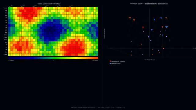 Scientific software showing organoid growth monitoring through shifting gene expression heatmaps and volcano plots illustrating differential data analysis for modern laboratory medical research