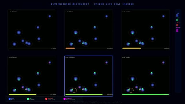 Through advanced imaging software we see organoid growth monitoring as fluorescence microscopy highlights CRISPR gene editing inside living cell nuclei for modern medical research.