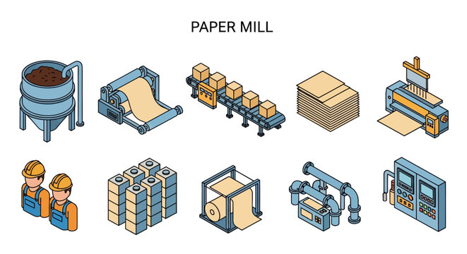 Paper mill isometric icons representing machinery and workers in the production process