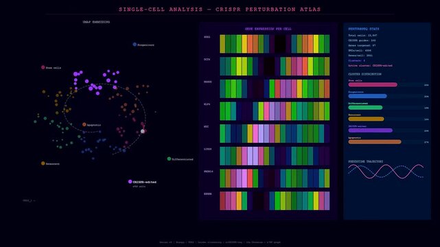 Real time Organoid Growth Monitoring visualizes cellular transitions as clusters migrate across the screen while genetic expression data updates frequently on a dark digital analytics dashboard.