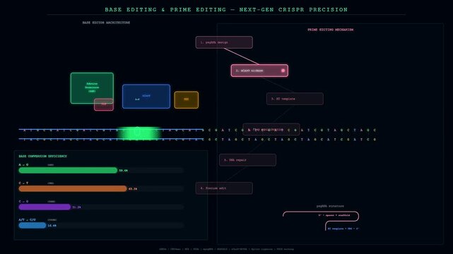 A sophisticated scientific interface for Organoid Growth Monitoring displays animated CRISPR gene editing sequences with glowing DNA strands and dynamic data bars showing molecular precision.