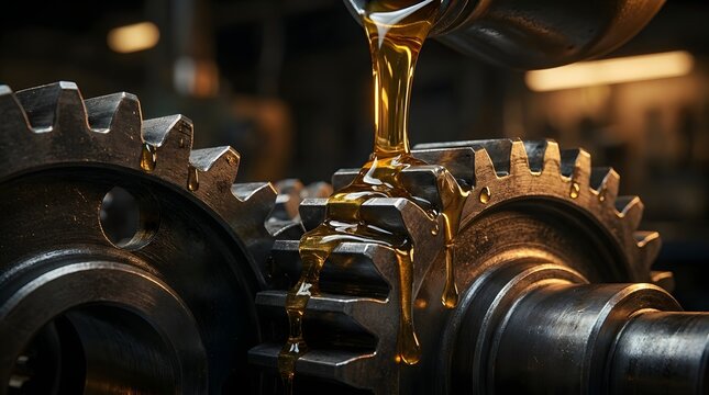 Industrial transmission machine rotating with golden lubrication oil pouring on metal cogwheel representing automotive mechanism technology and maintenance in slow motion