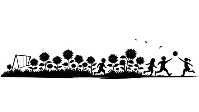 Children playing soccer in a park with sunflowers and swing set