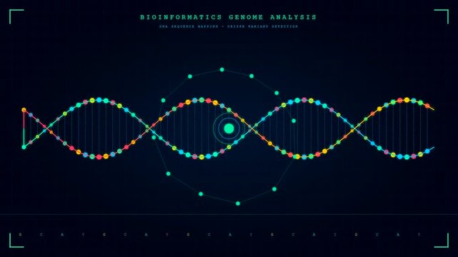 The video displays precise Organoid Growth Monitoring featuring a rotating double helix strand with glowing data points and shifting genetic sequences across a futuristic bioinformatics interface