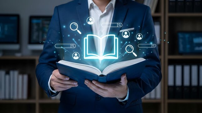 Modern business documentation workflow with corporate professional reviewing digital policy document, compliance icons, and regulation management in professional office