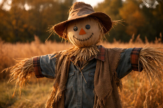 Close up portrait of rustic smiling scarecrow with burlap hat in autumn field backdrop