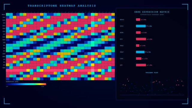 Futuristic digital panels show organoid growth monitoring via dynamic transcriptome heatmap analysis and moving gene expression matrix data for high level scientific research and clinical results