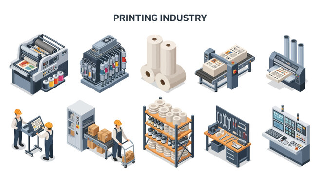 Vector set of printing industry machines, equipment, and supplies with people working