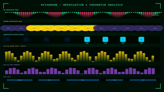 Digital tools for organoid growth monitoring show scrolling epigenetic data tracks including DNA methylation and histone modification levels within cellular genomic regions in real time.